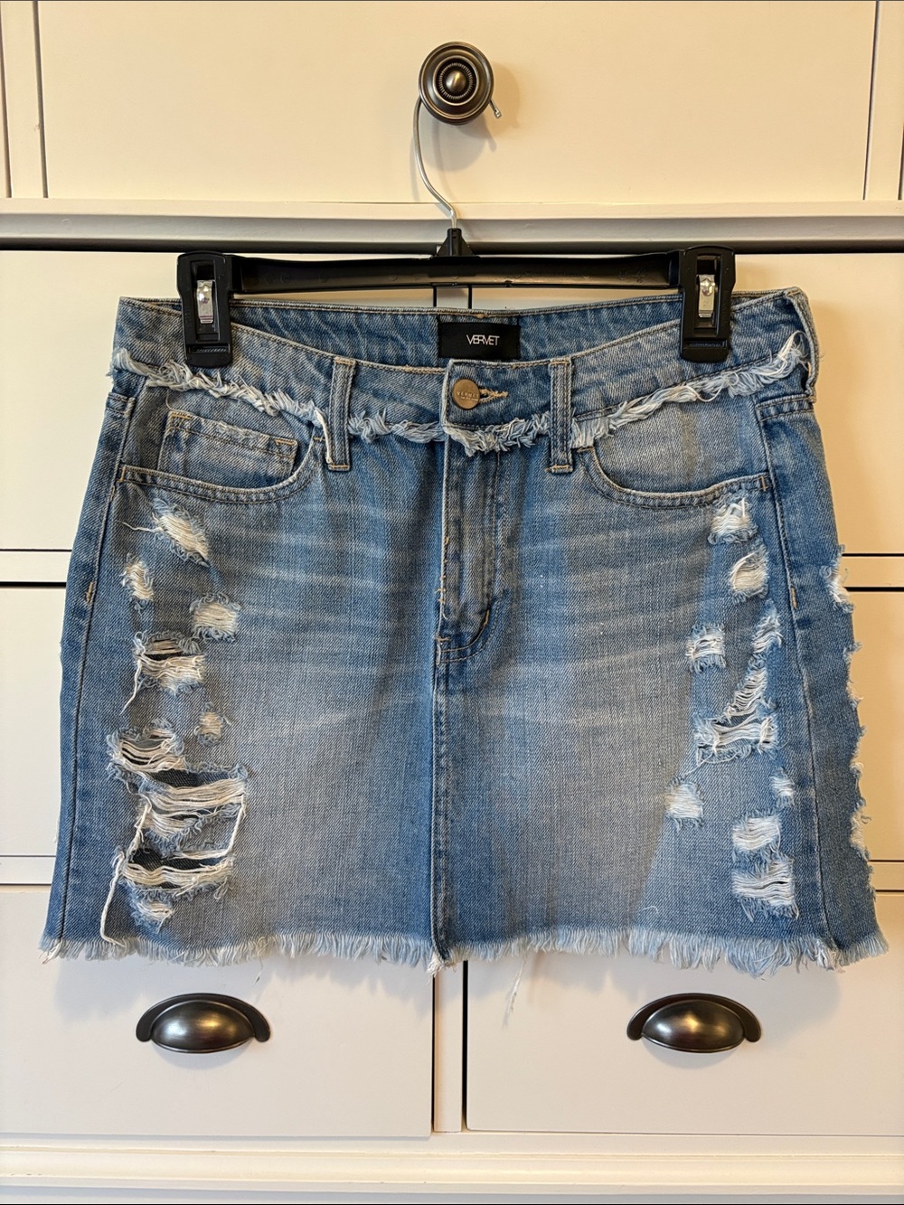 Distressed Light Blue Denim Mini Skirt